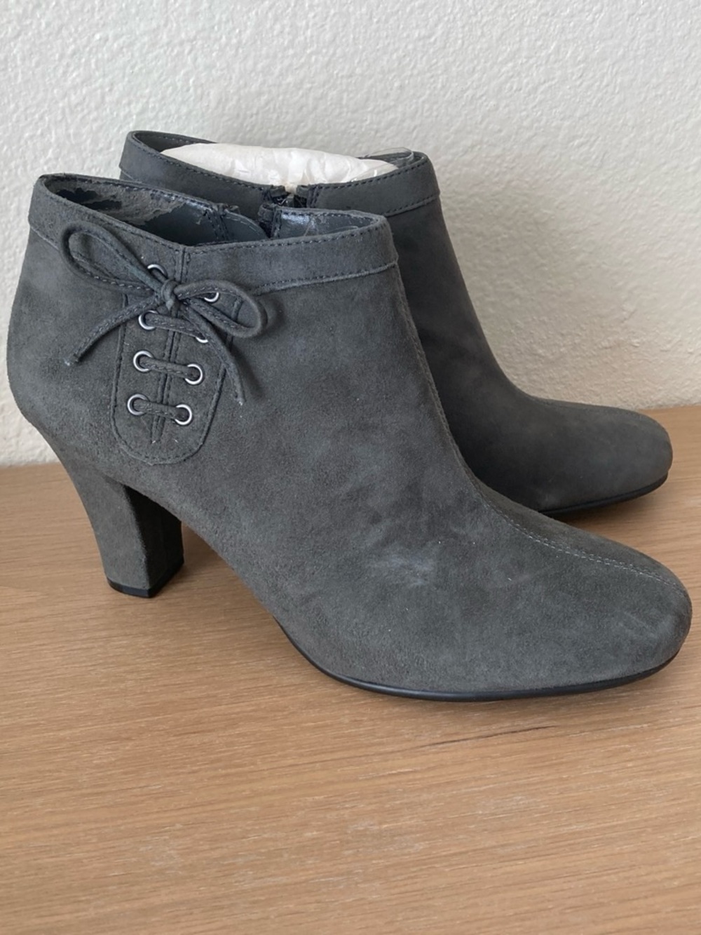 Classic Gray Suede Ankle Booties with Side Lace Detail